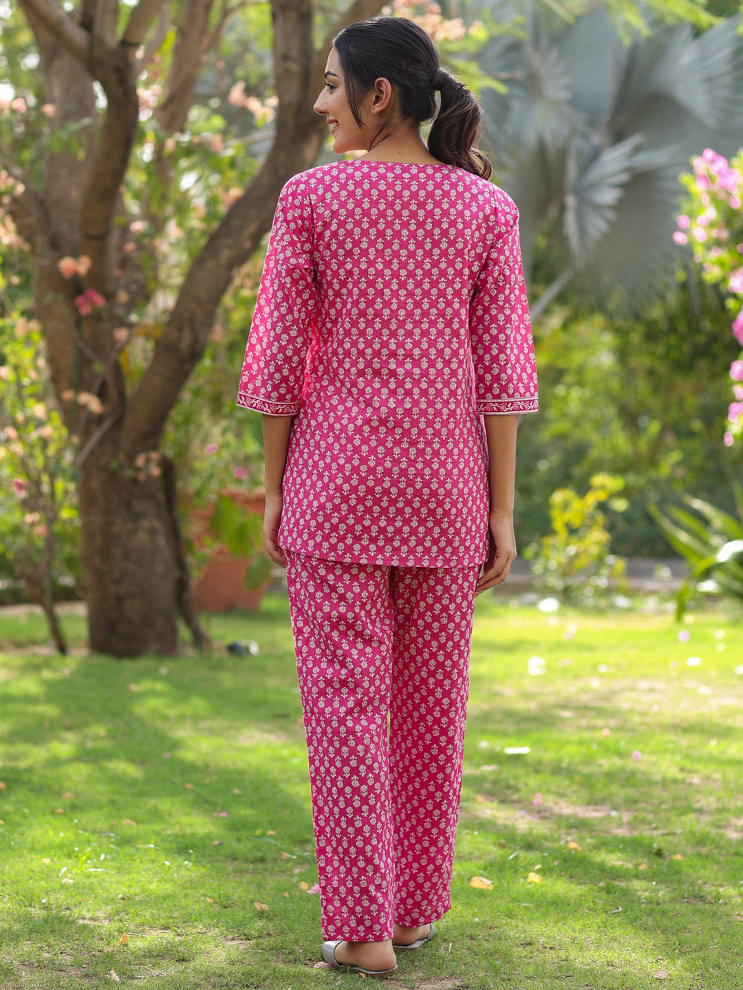 Pink And White Angrakha Printed Cotton Short Kurta With Pants