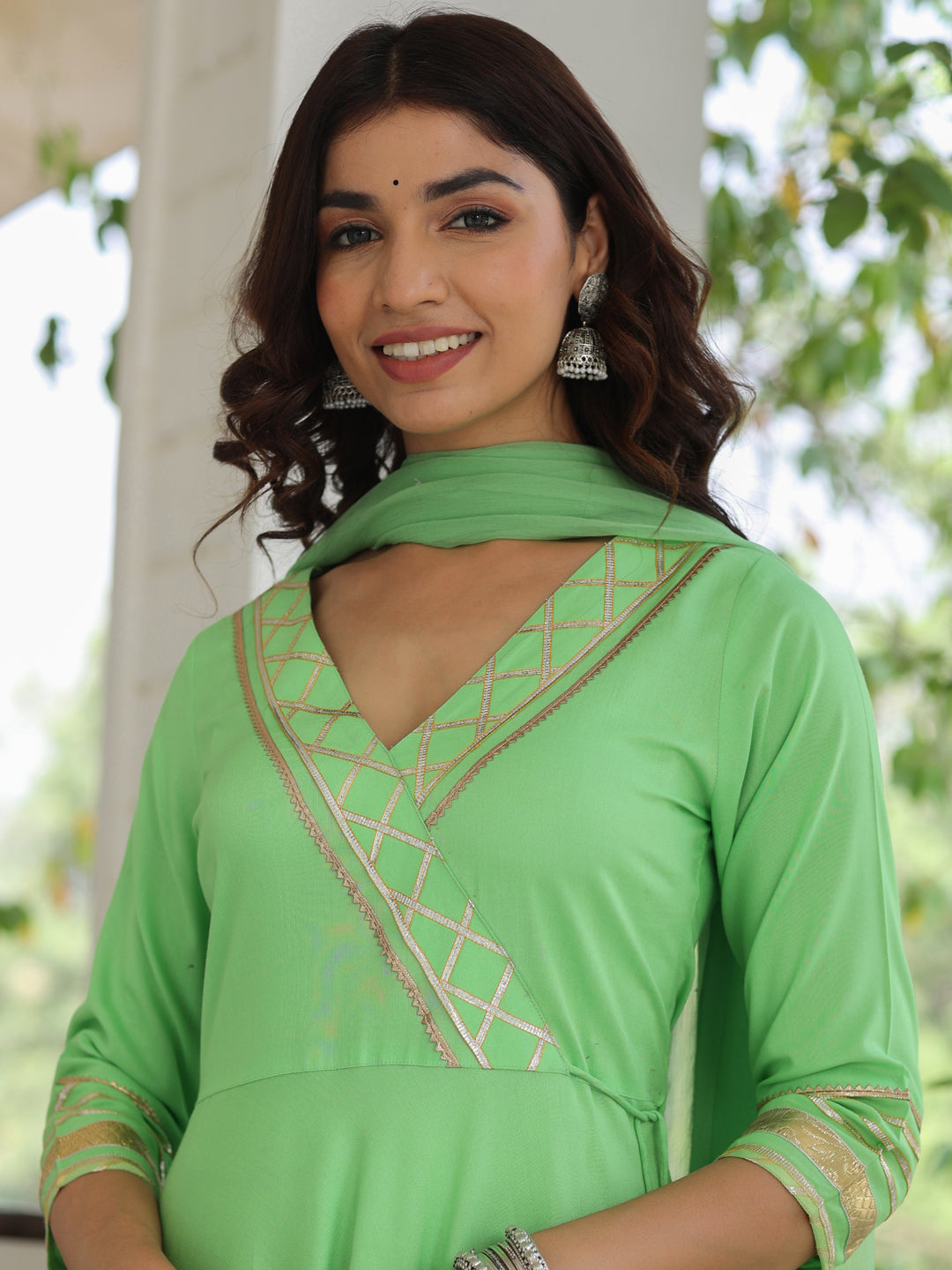 Rayon Solid Green Gota Embellished Anrakali Kurta Set With Dupatta