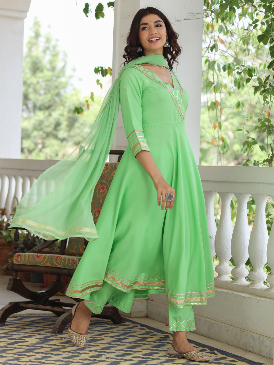 Rayon Solid Green Gota Embellished Anrakali Kurta Set With Dupatta