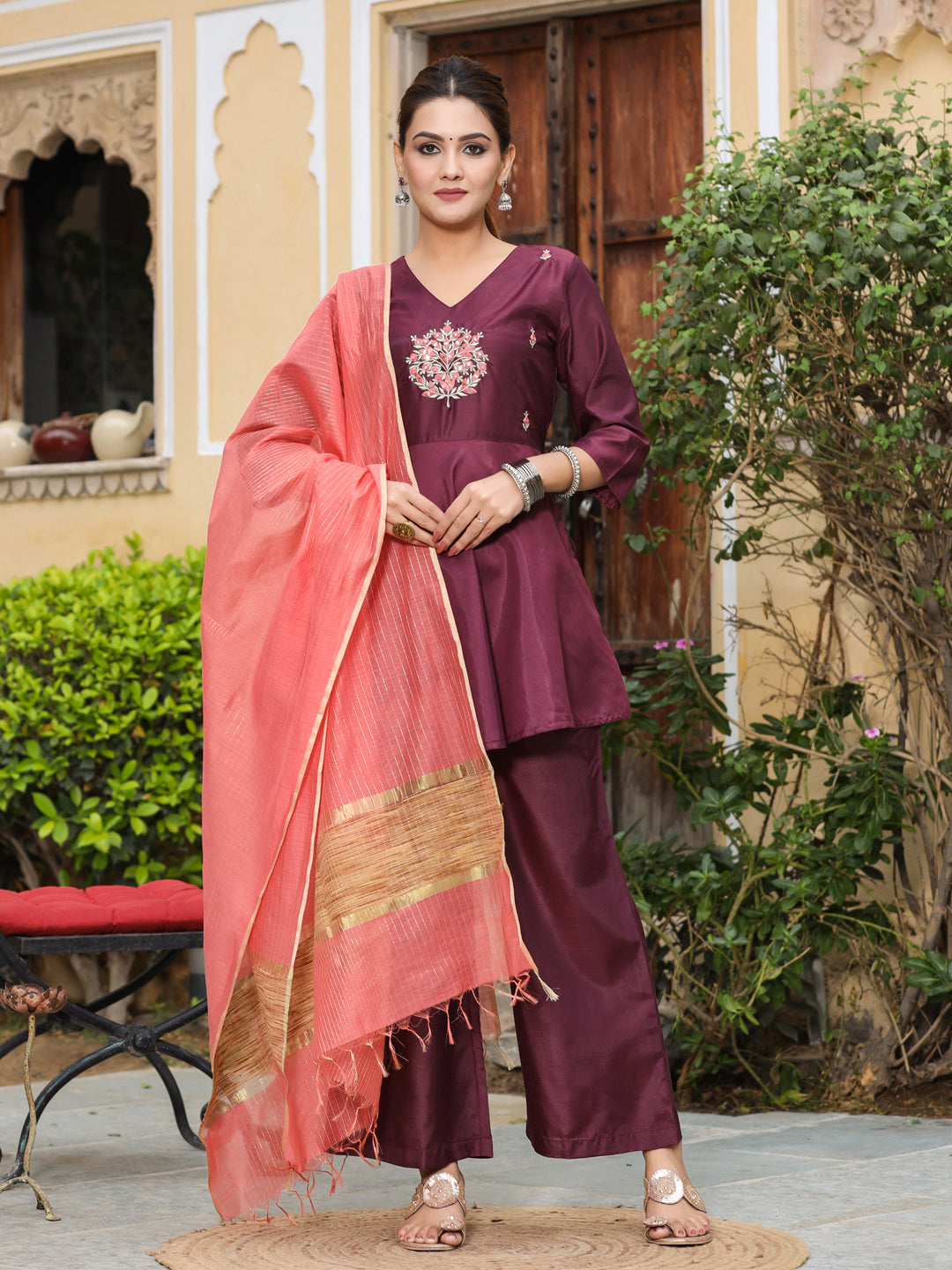 Buy Wine Peplum Kurti with Palazzo And Dupatta – jaipurkurtius