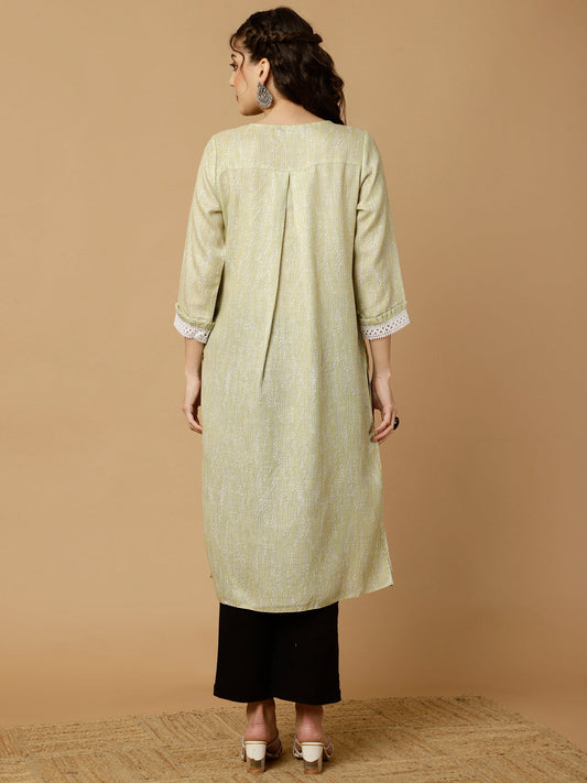 Printed Lime Green Pleated Straight Kurta