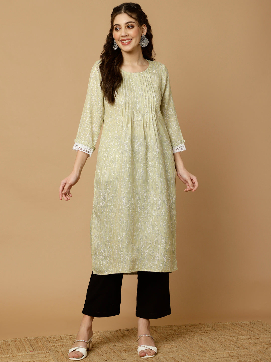 Printed Lime Green Pleated Straight Kurta