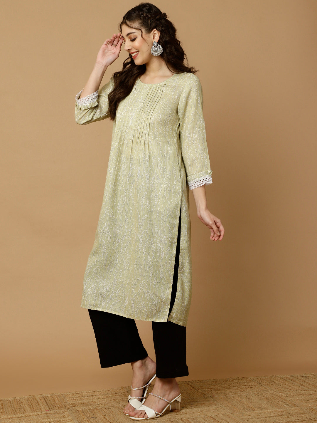 Printed Lime Green Pleated Straight Kurta