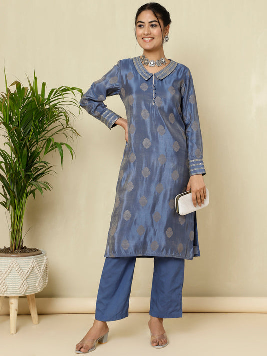 Blue Pure Silk Jacquard Handwork Kurta With Palazzo