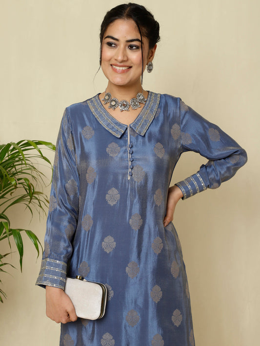 Blue Pure Silk Jacquard Handwork Kurta With Palazzo