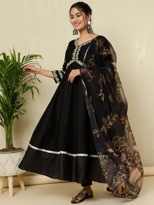 Black Zari Work Anarkali Kurta With Printed Dupatta