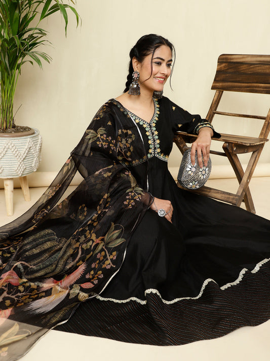 Black Zari Work Anarkali Kurta With Printed Dupatta