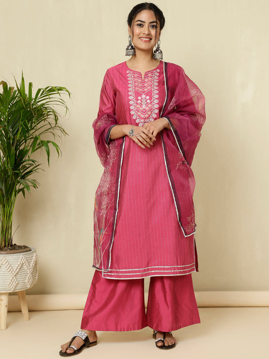 Pink Chanderi Kantha Embroidered Kurta With Palazzo And Dupatta