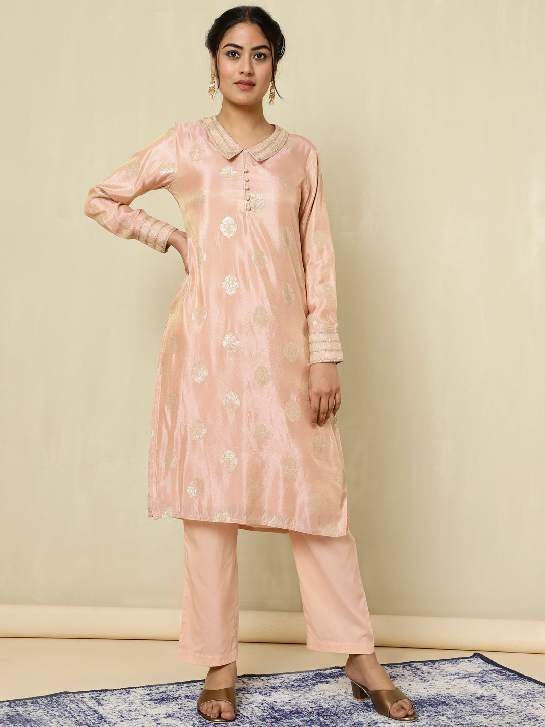 Peach Pure Silk Jacquard Handwork Kurta With Palazzo