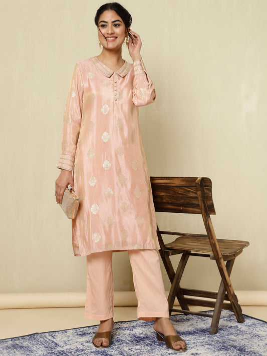 Peach Pure Silk Jacquard Handwork Kurta With Palazzo