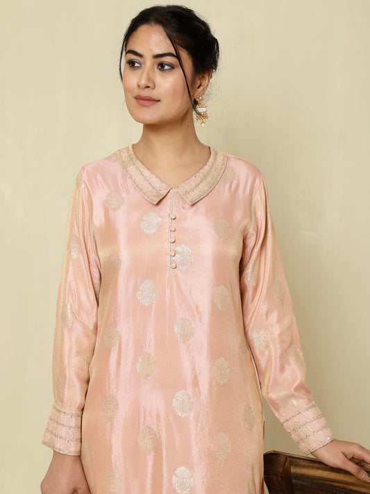 Peach Pure Silk Jacquard Handwork Kurta With Palazzo