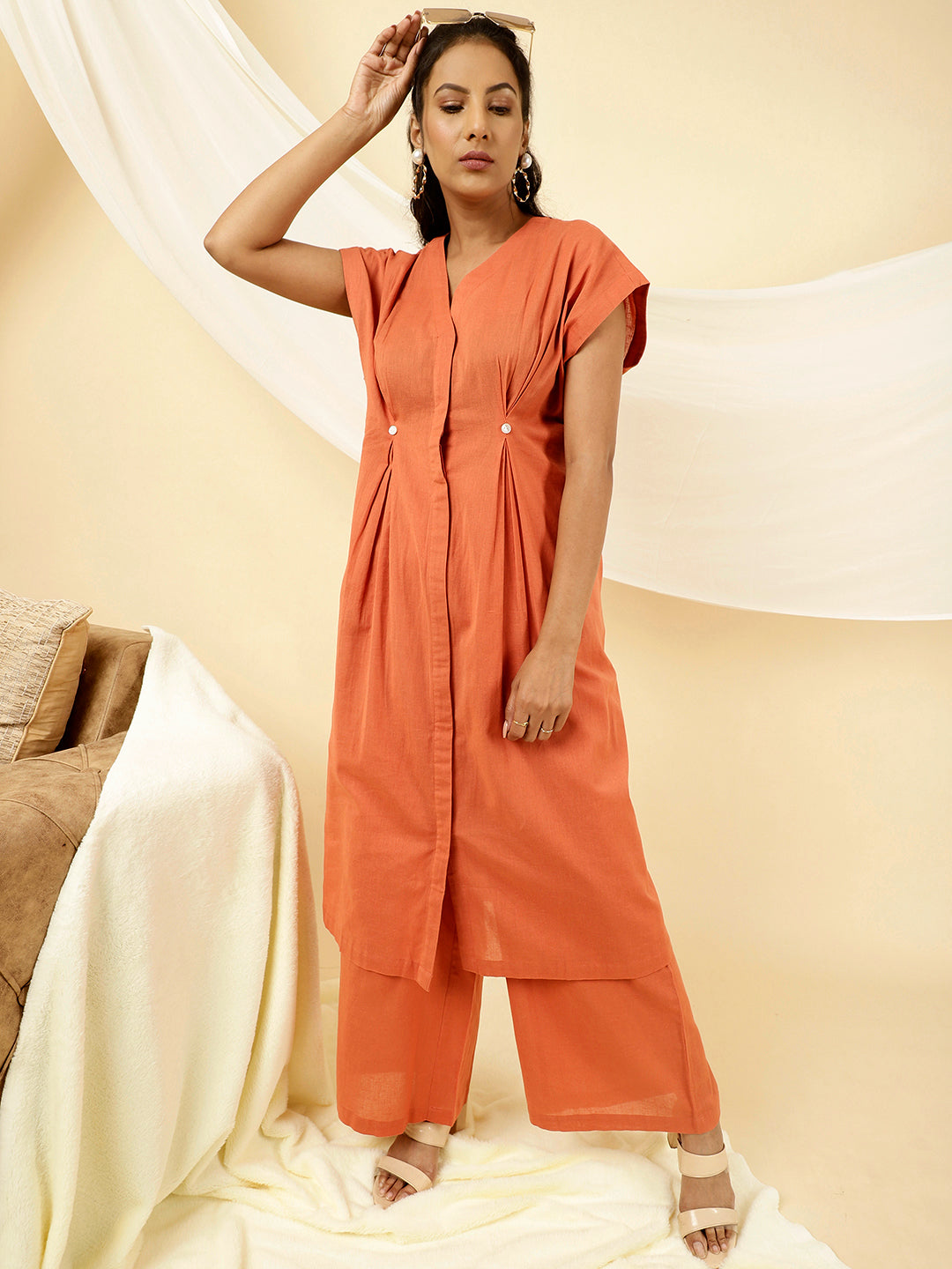 Orange Pleated Kurta With Palazzo Co-ord Set