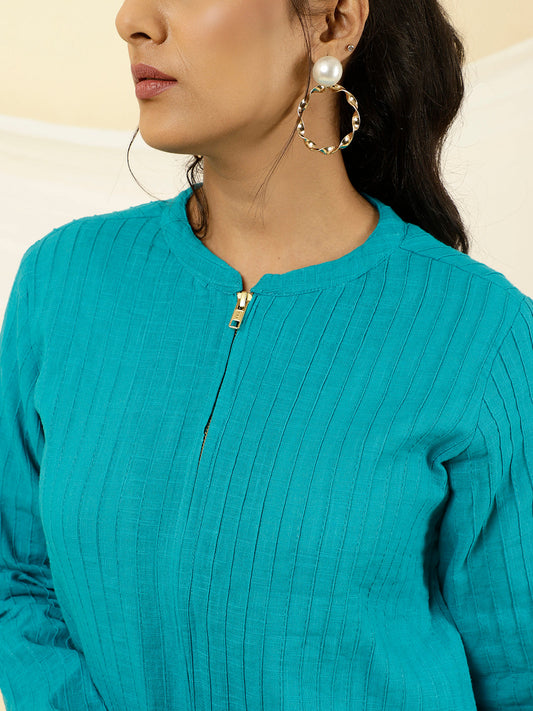 Turquoise Blue Pintuck Cotton Jacket Style Shirt
