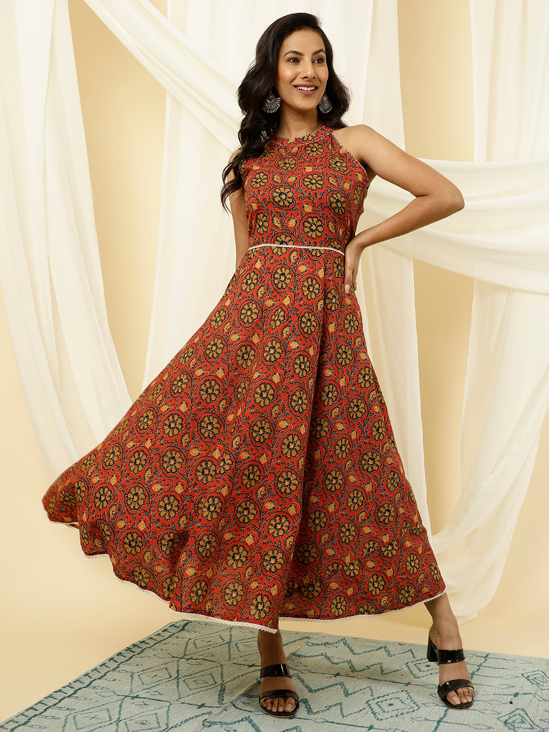 Rust Ethnic Printed Cotton Dress