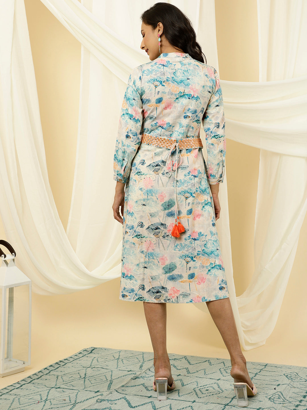 Abstract Print Blue A-line Dress With Belt