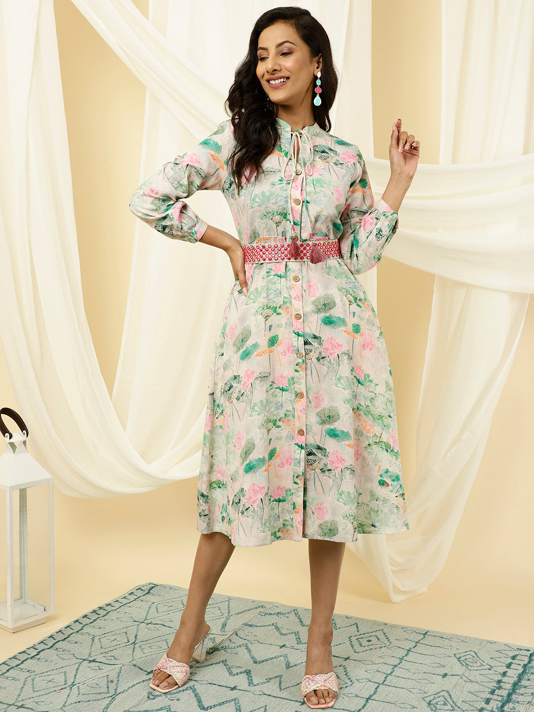 Abstract Print Green A-line Dress With Belt
