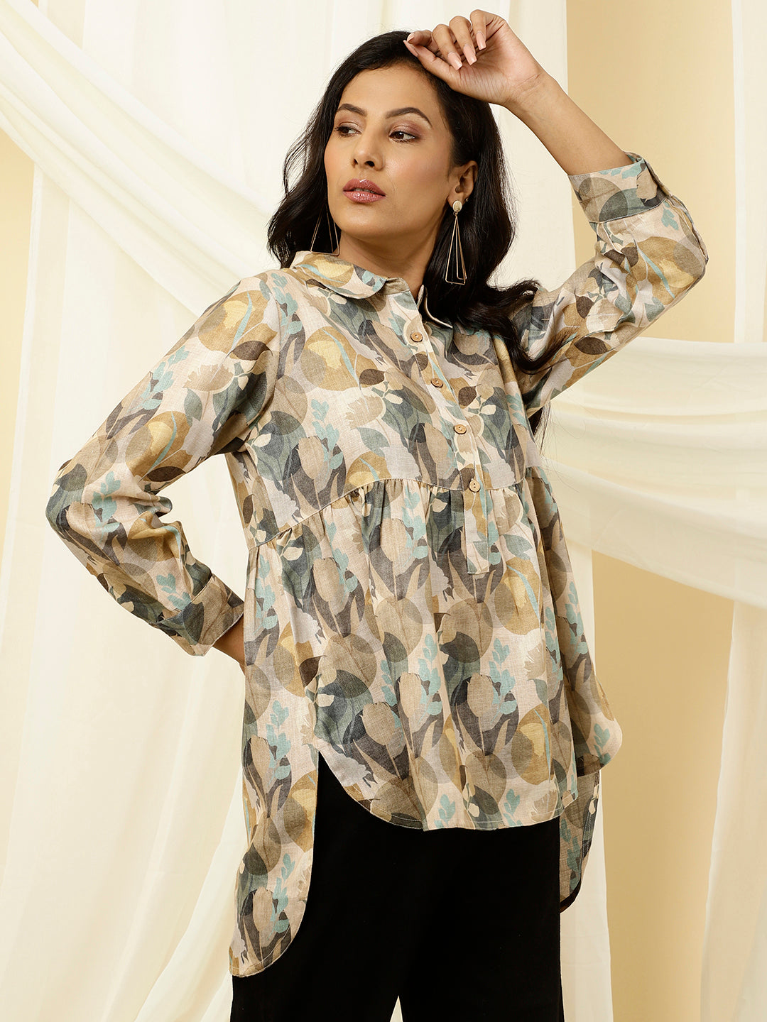 Green Abstract High-Low Gathered Shirt