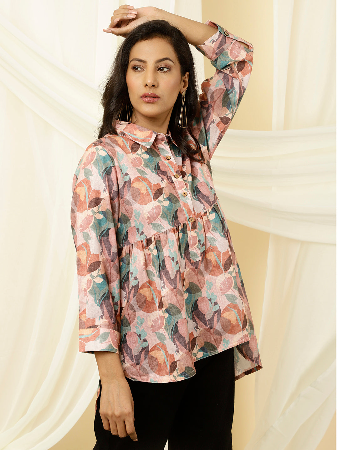 Rose Abstract High-Low Gathered Shirt