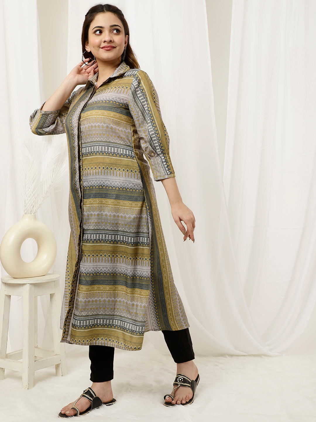 Green Geometric Printed A-line Kurta