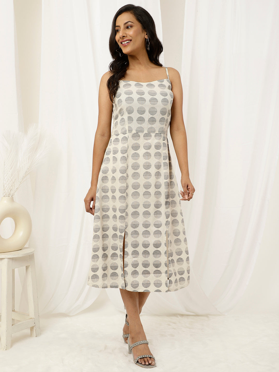 Beige And Black Printed Strappy Cotton Dress With Slits
