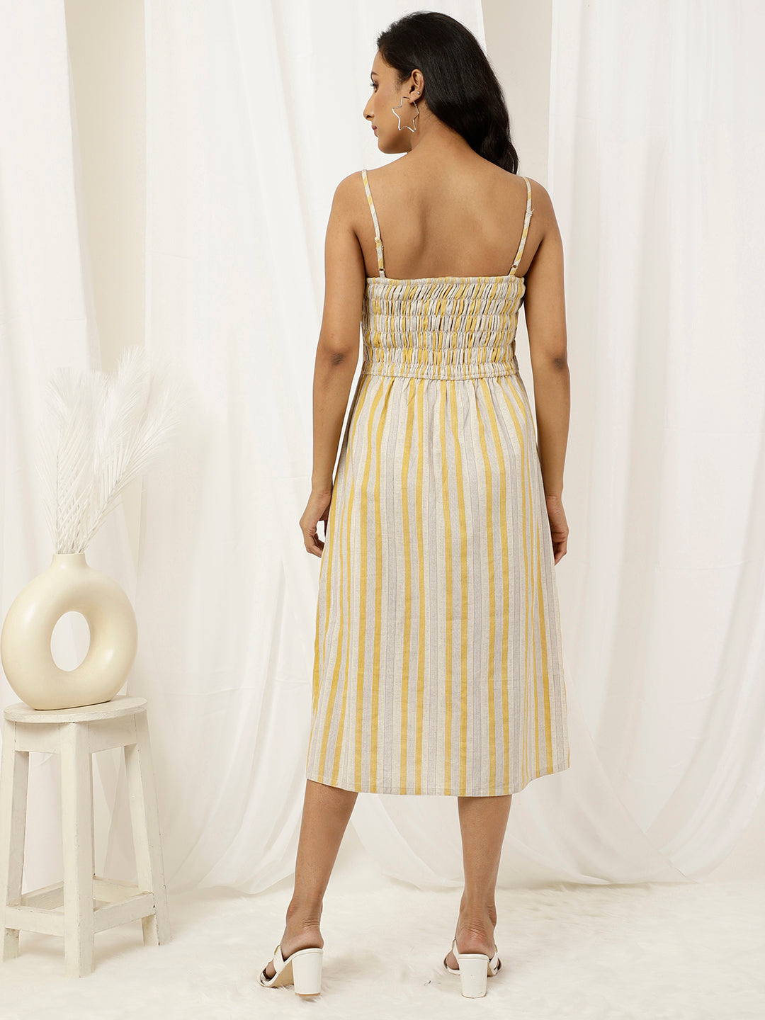 Beige And Yellow Striped Strappy Cotton Dress With Slits