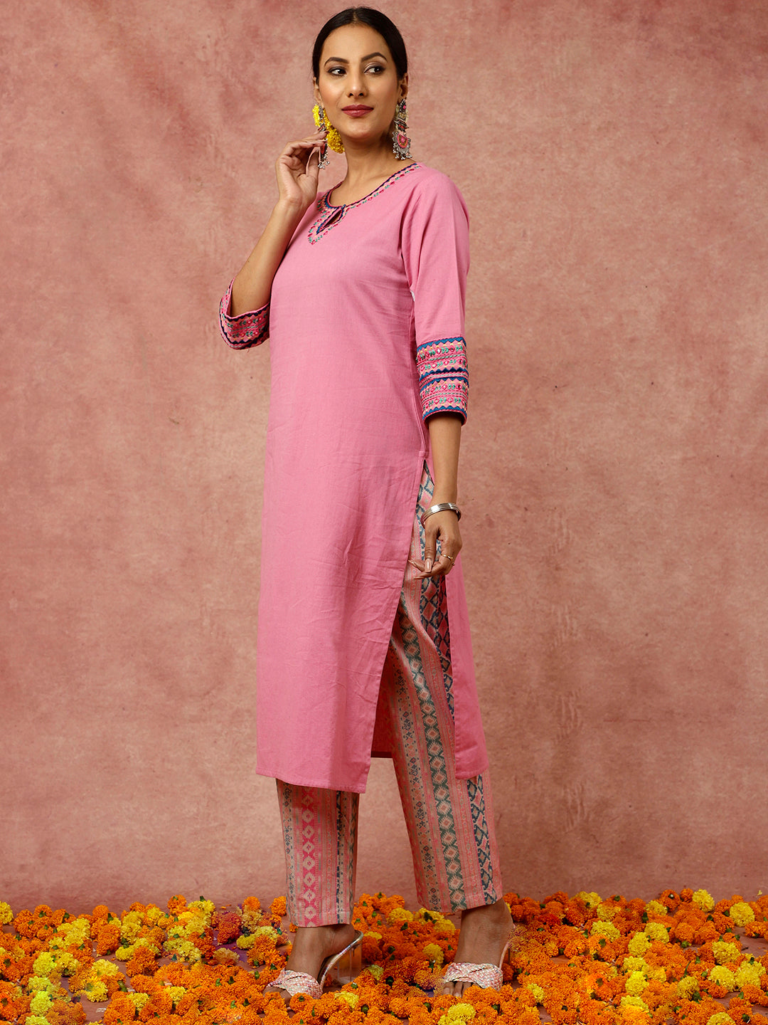 Mirror Embroidered Pink Straight Kurta With Geometric Printed Pants