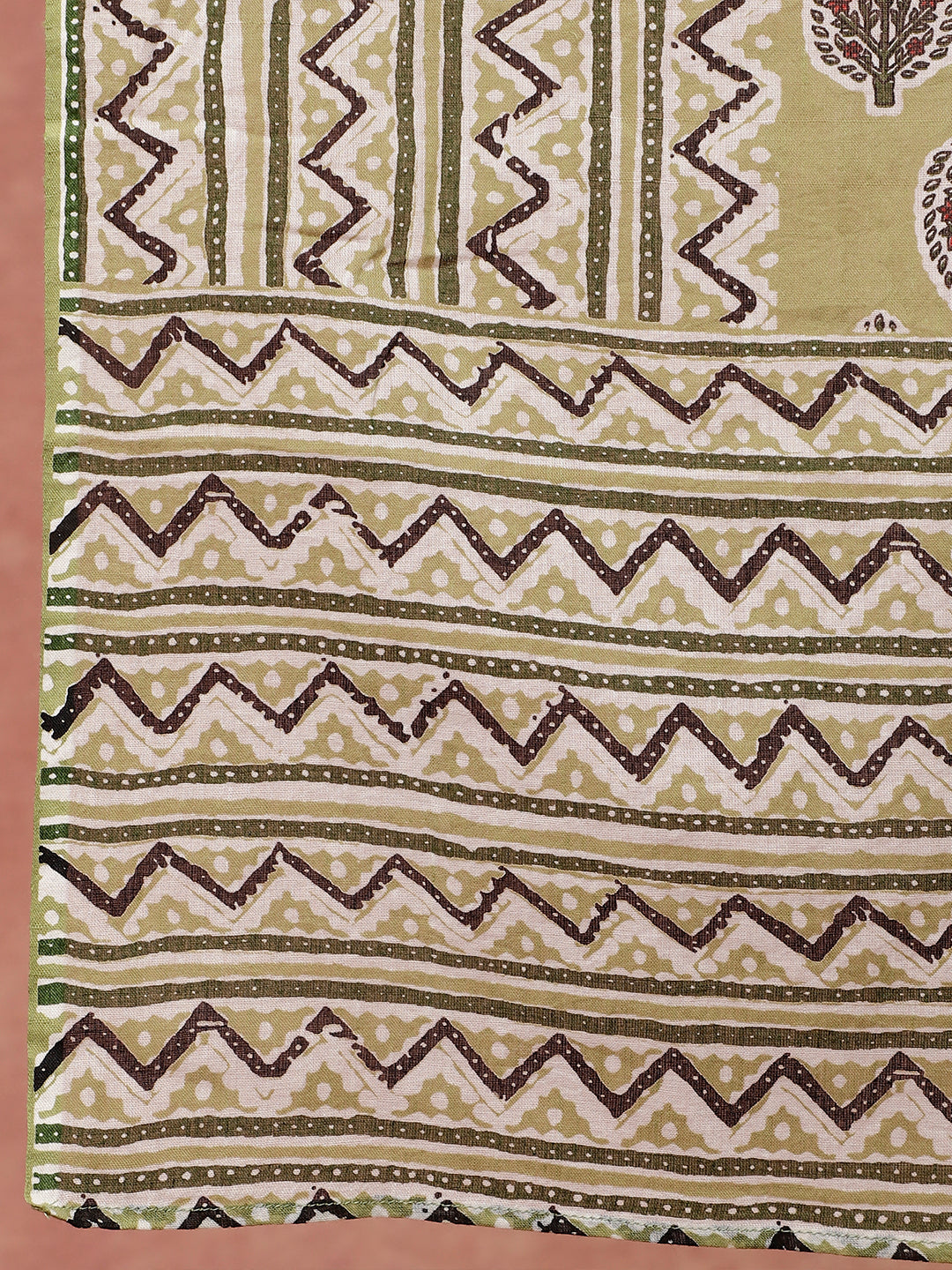 Olive Green Ethnic Printed Flared Kurta With Zig-Zag Printed Pants And Dupatta