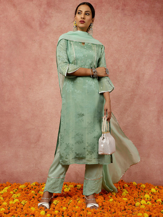Silk Straight Kurta With Pants And Organza Dupatta