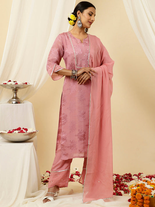 Silk Straight Kurta With Pants And Organza Dupatta