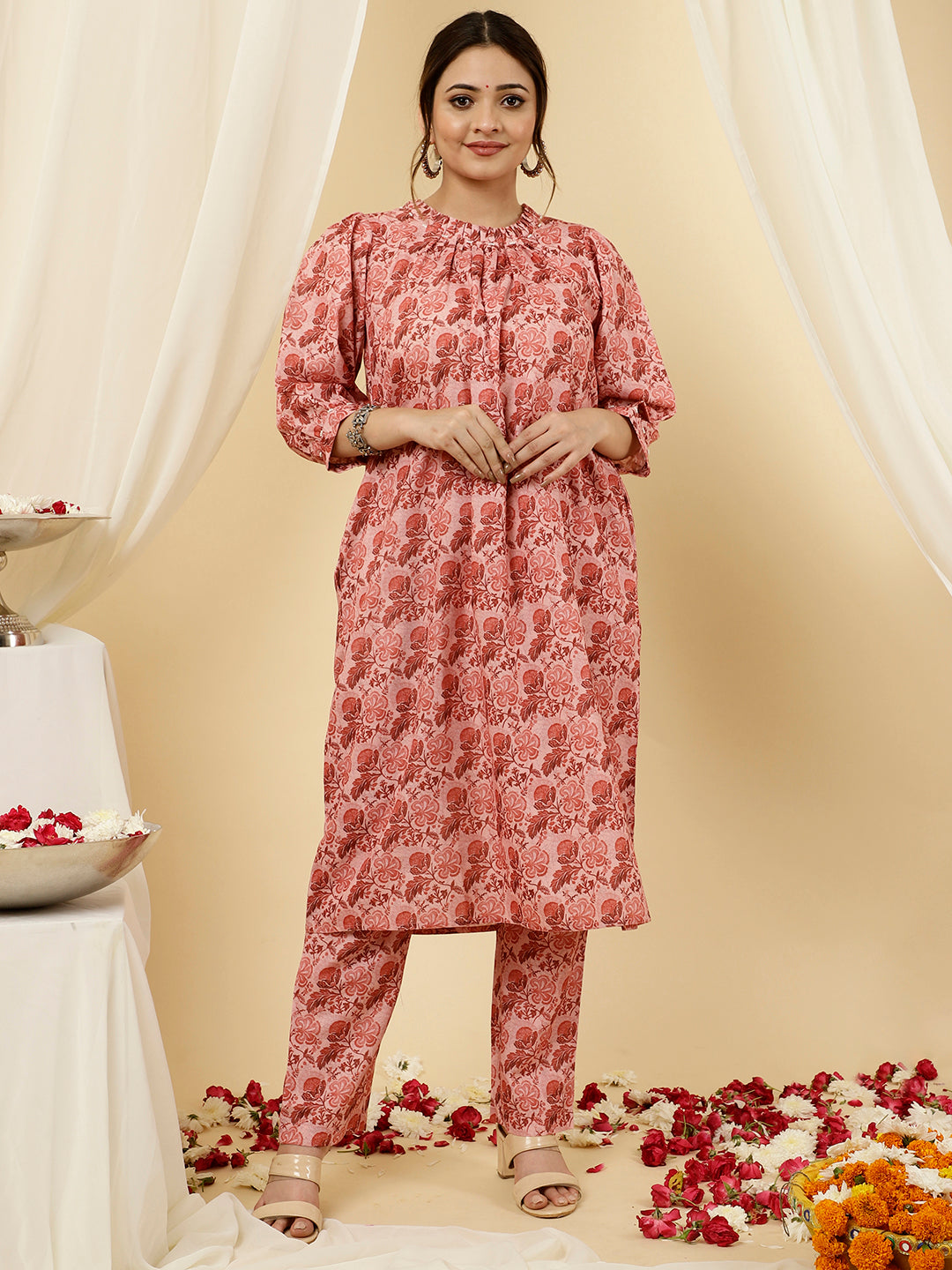 Floral Peach Loose Fit Kurta with Pants