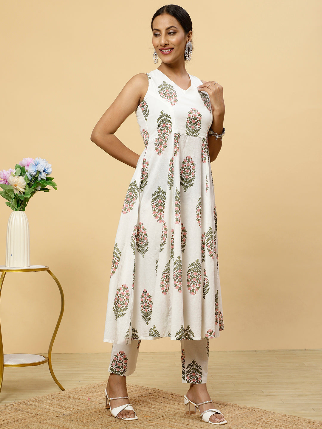 White Ethnic Floral Printed Cotton Flared Kurta With Pants