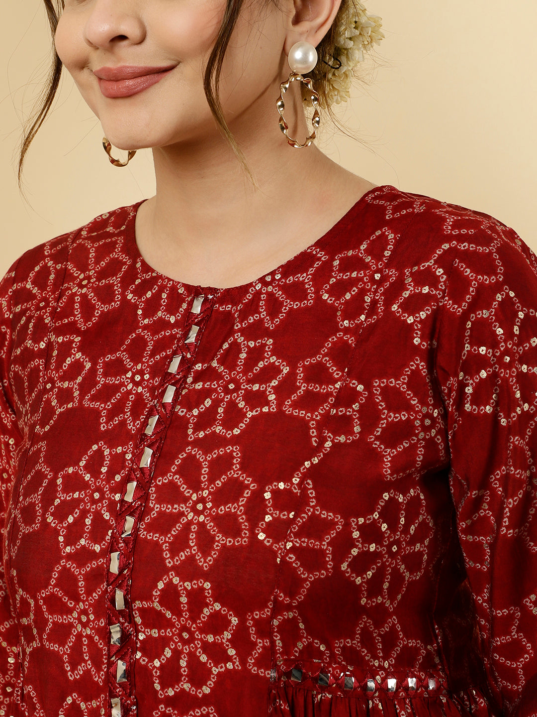 Red Bandhani Flared Print Kurta With Pants And Dupatta