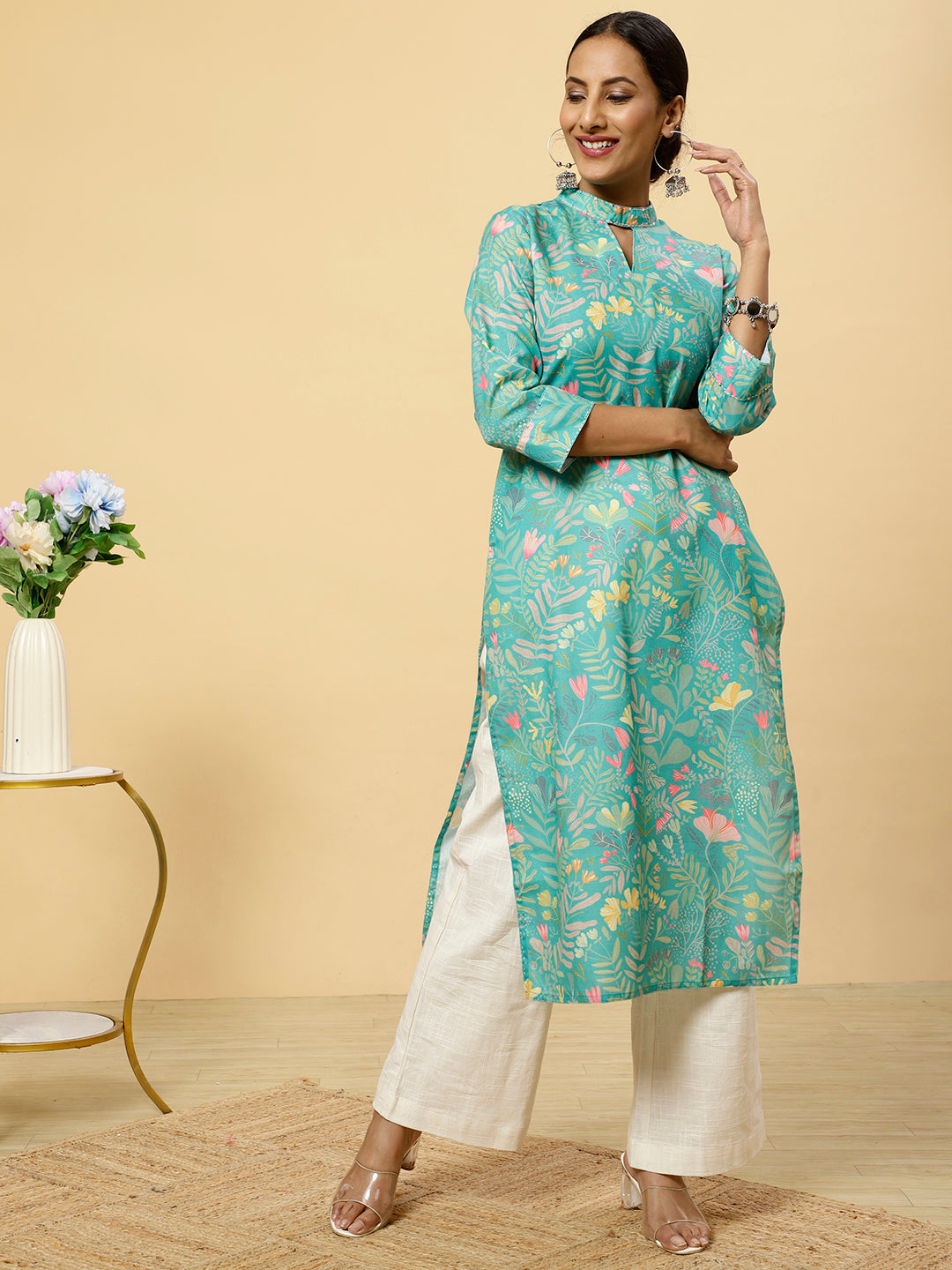 Floral Printed Green Straight Kurta