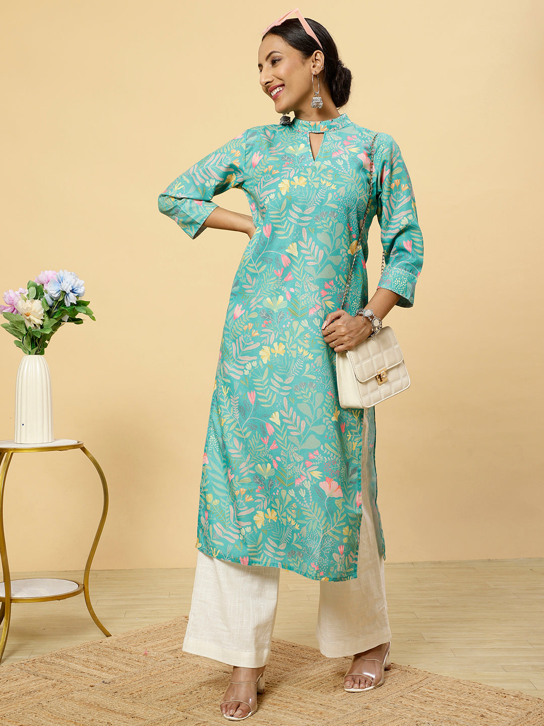 Floral Printed Green Straight Kurta