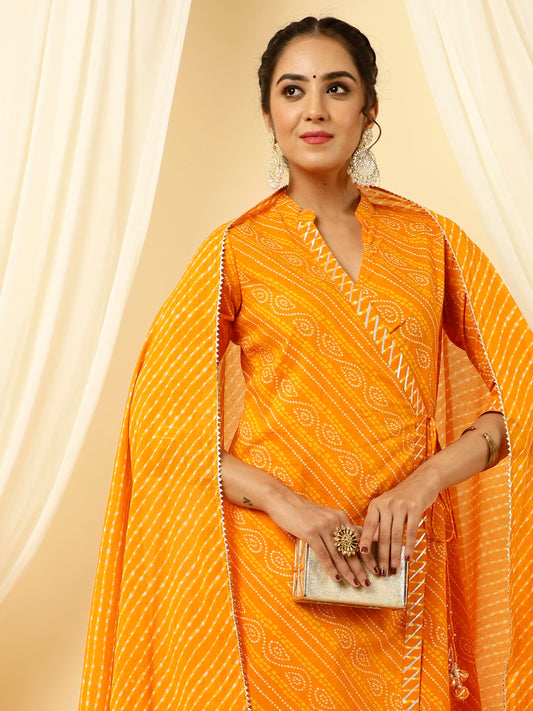 Angrakha Kurta With Leheriya Pants And Dupatta