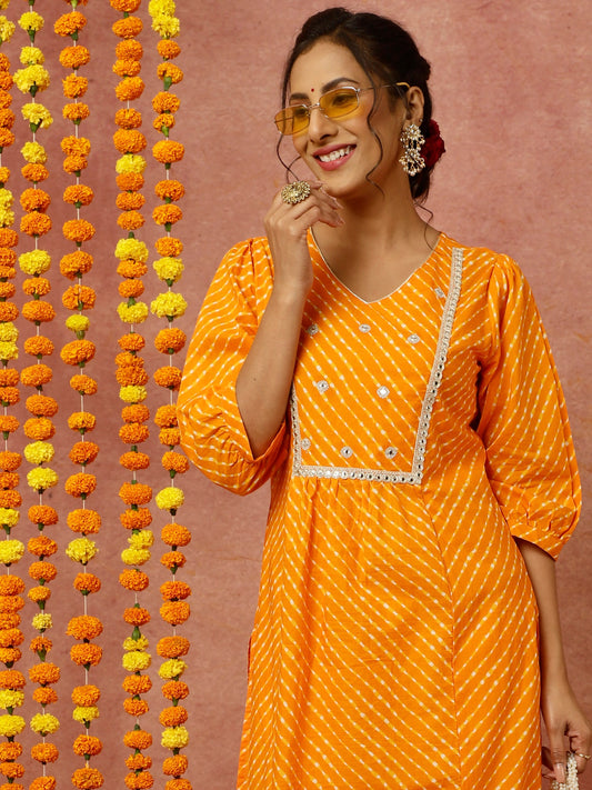 Zardozi Embroidered Orange Mothra Printed Straight Kurta