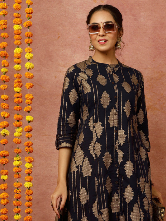 Navy Blue Abstract Print A-line Kurta