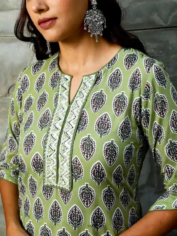 Olive Green Ethnic Motif Printed Straight Kurta With Zig-zag Printed Afghani Salwar