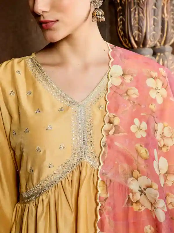 Yellow Art Silk Flared Kurta With Floral Printed Organza Dupatta