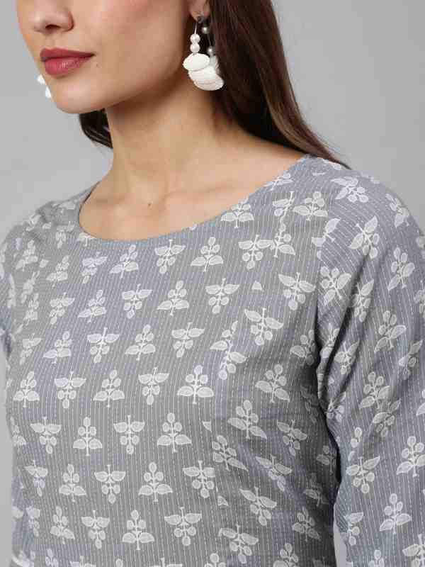 Grey Woven Asymmetric Hemline Printed Kurta With Tulip Palazzo