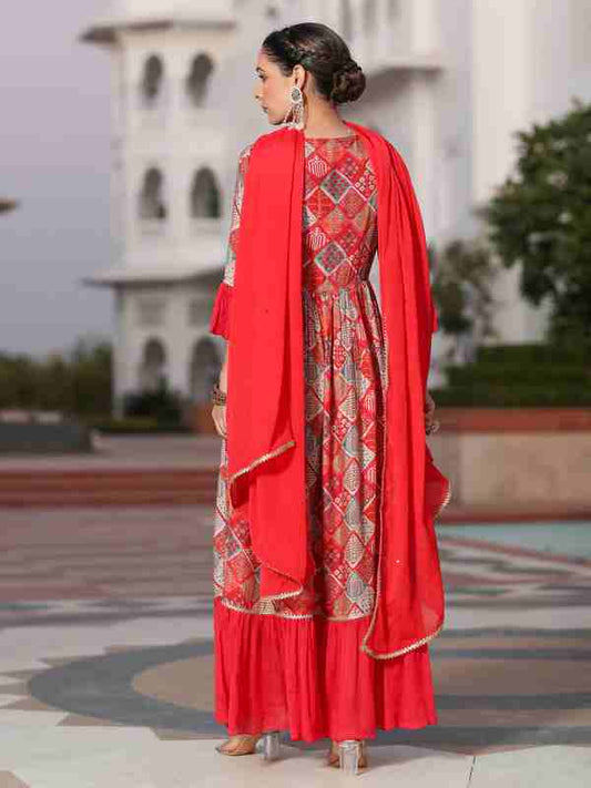 Red Muslin Digital Printed Embroidered Flared Kurta With Solid Dupatta