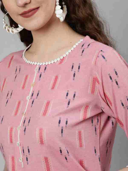 Pink Self Weaved Straight Kurta With Lace Detail And Off-White Pants