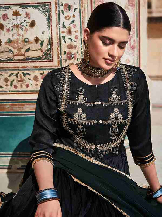 Black Zardozi Work Floor Length Anarkali Kurta With Organza Embellished Dupatta