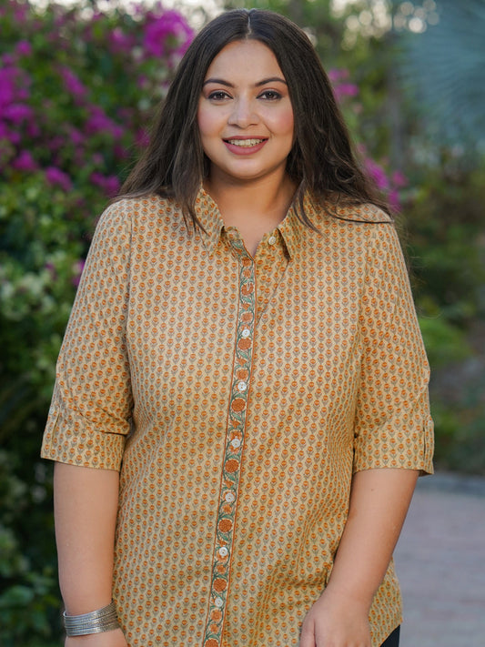 Plus Size Yellow Ethnic Floral Printed Cotton Shirt