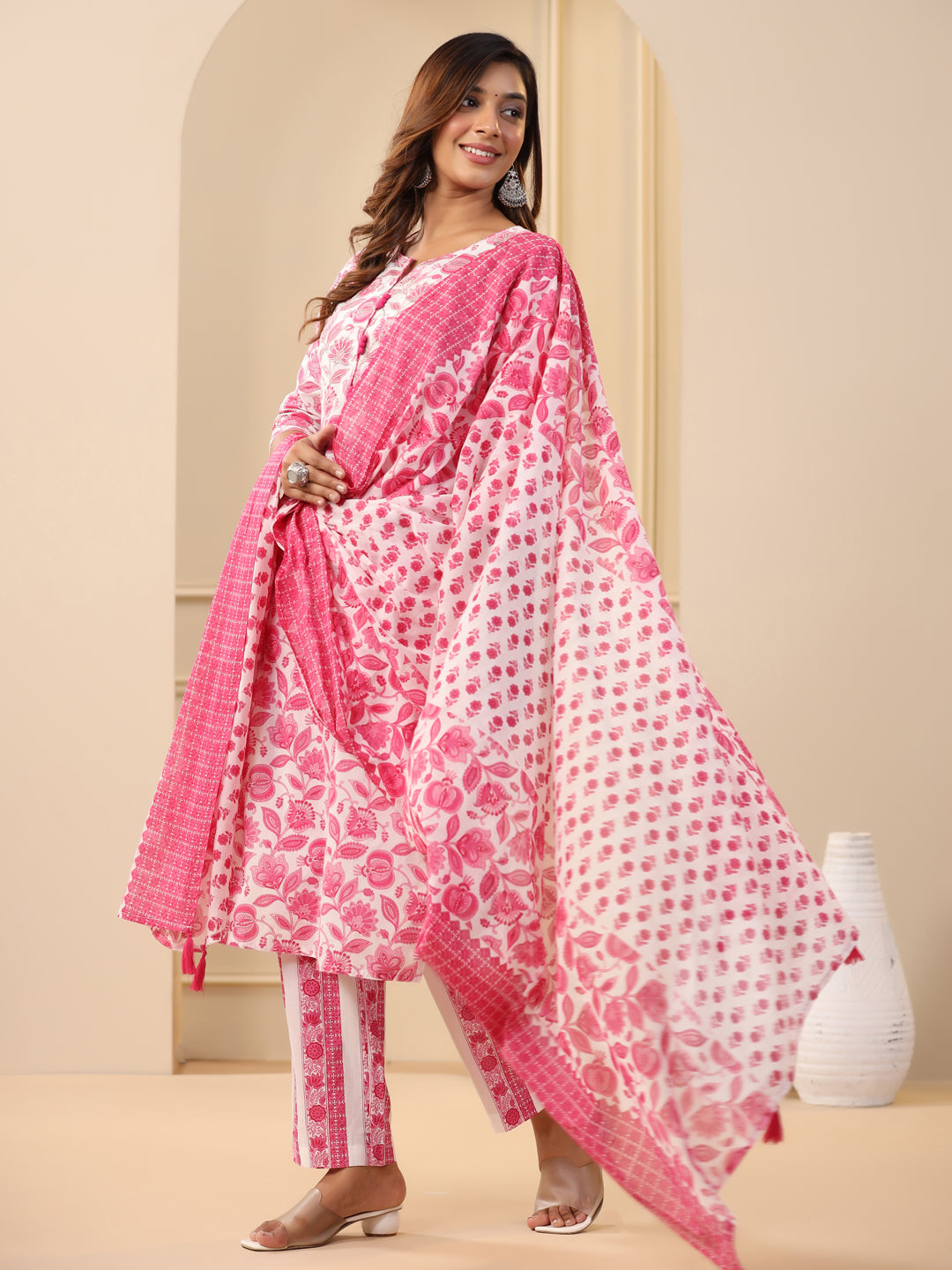 Fuchsia Ethnic Floral Printed Embroidered Kurta With Printed Pants And Printed Dupatta