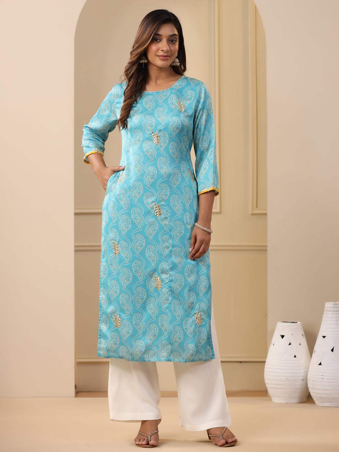 Embroidered Art Silk Blue Printed Straight Kurta