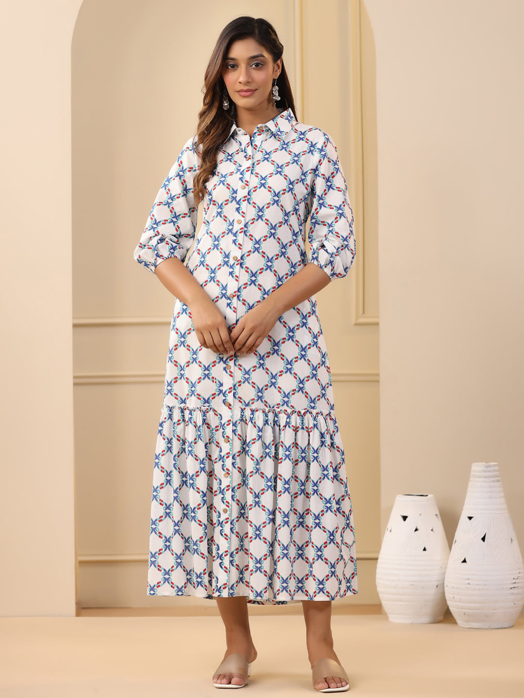 Blue Ikat Printed Tiered Cotton Dress