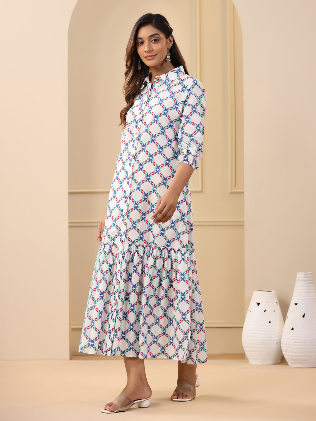 Blue Ikat Printed Tiered Cotton Dress