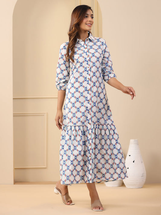 Blue Ikat Printed Tiered Cotton Dress