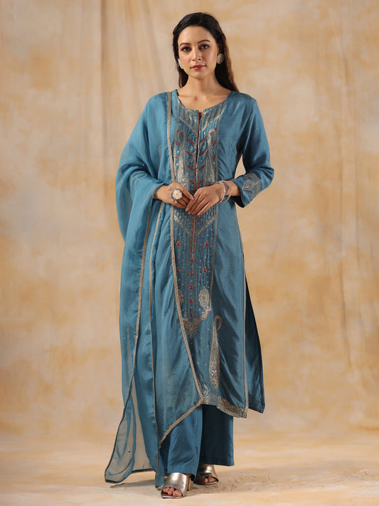 Zardozi Embroidered Silk Teal Blue Straight Kurta With Palazzo And Dupatta